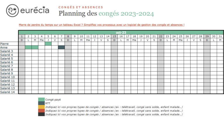 calendrier avec dates de conges payes