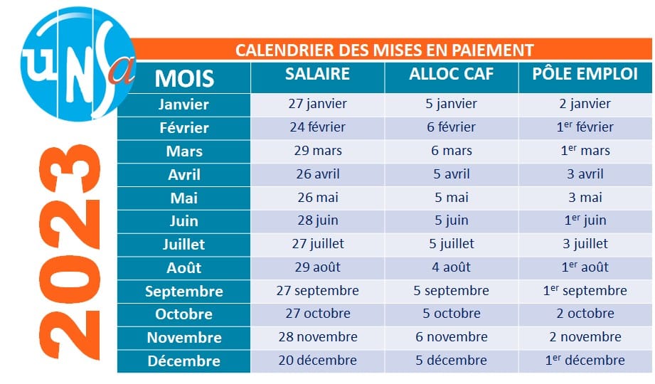 calendrier avec dates de paiement de salaire