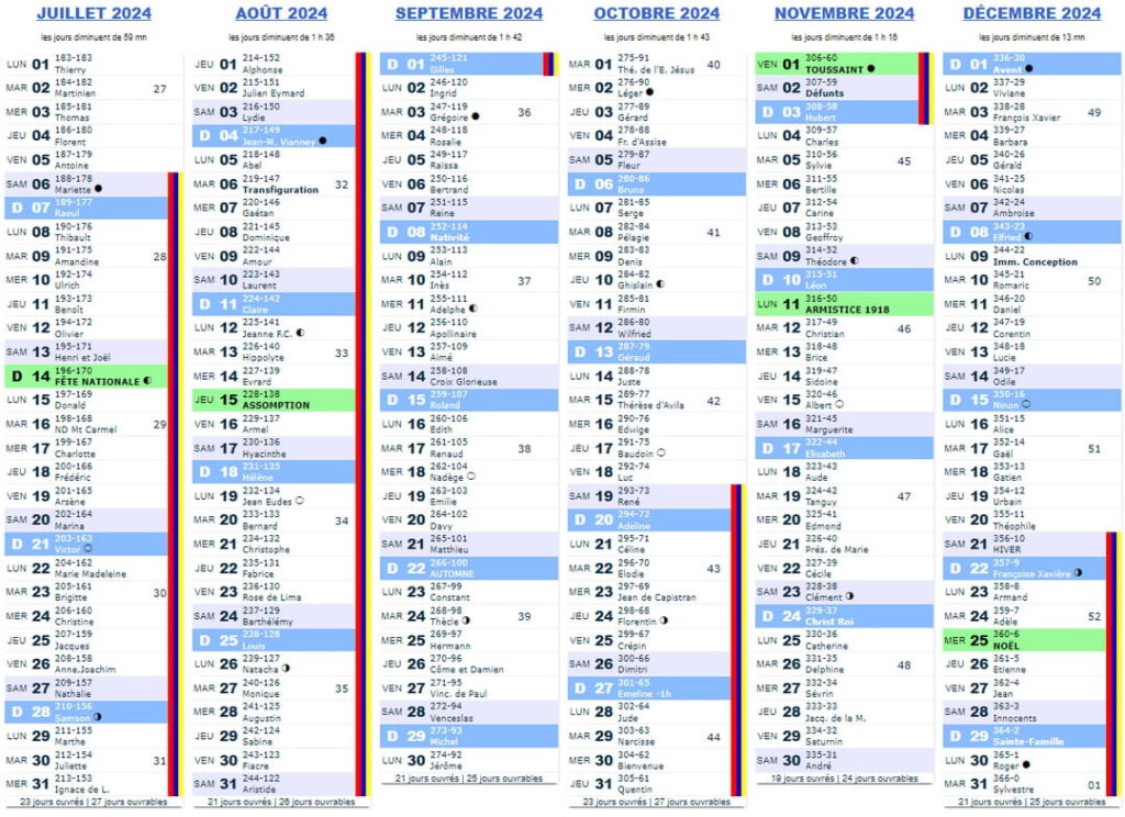 calendrier avec jours ouvres et week ends