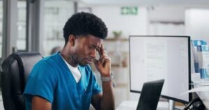 personne reflechissant devant ordinateur avec dossier chomage