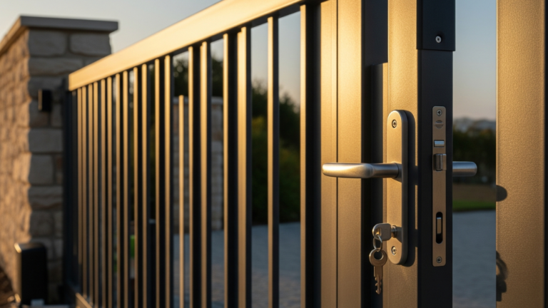 portail automatique ouvert avec mecanisme visible