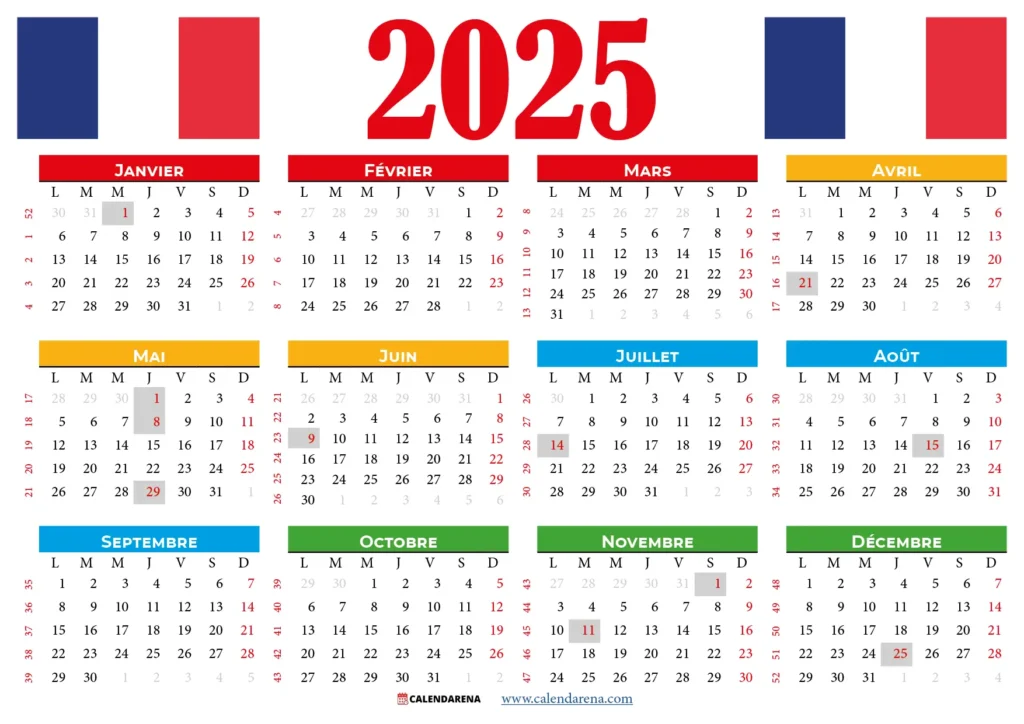 un calendrier avec des jours feries marques